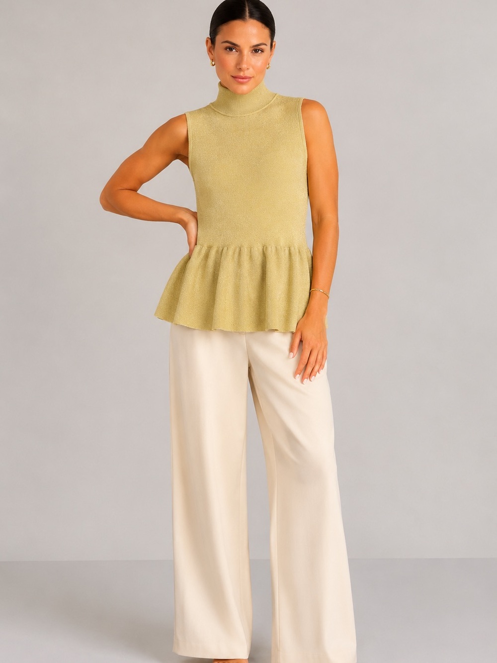 Anthropologie Sleeveless Peplum Turtleneck Top Olive Green Size L